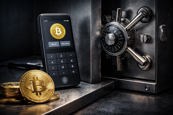 Hardware wallet device on dark surface for bitcoin cold storage